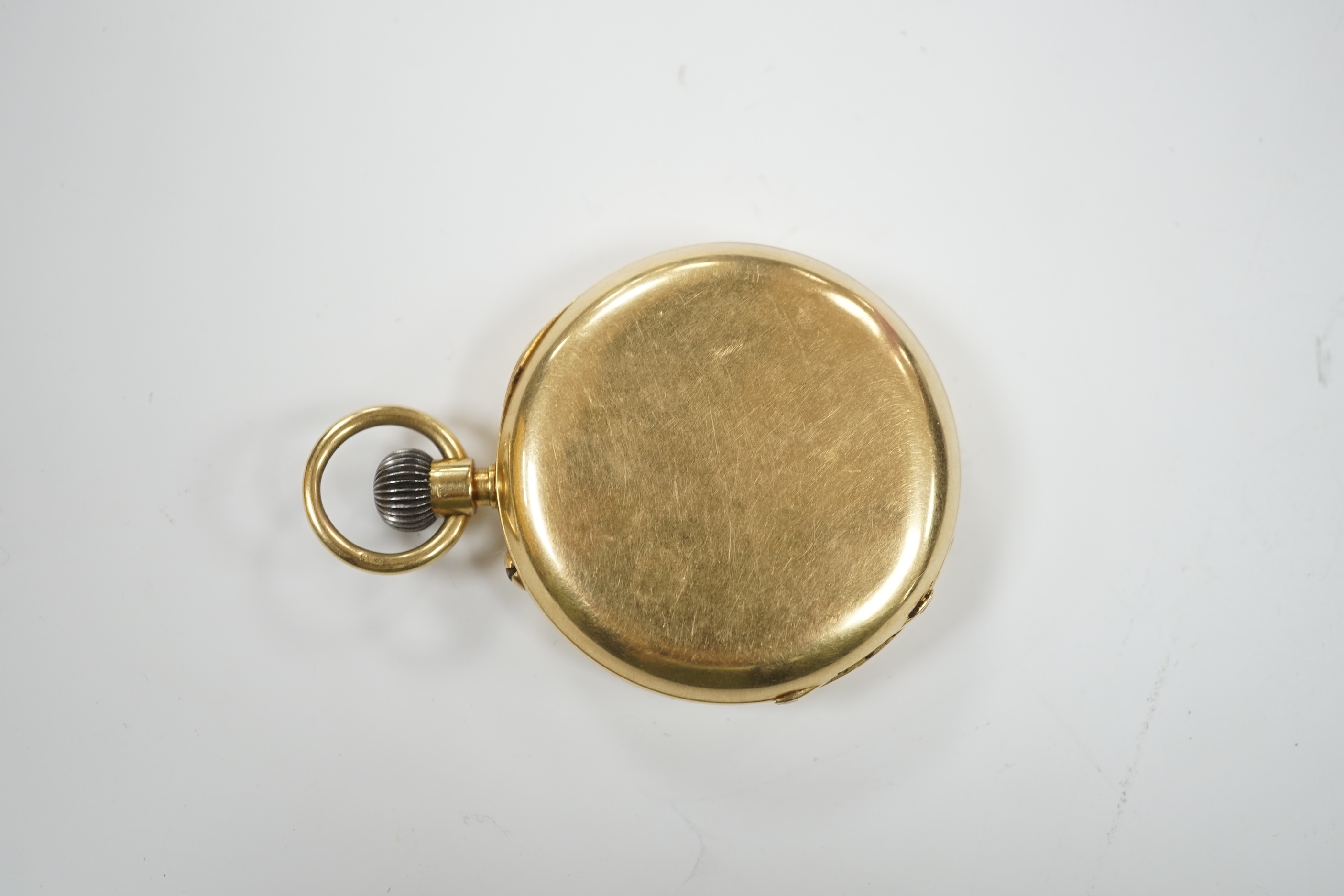 An 18ct gold keyless hunter pocket watch, with Roman dial and subsidiary seconds, the case with engraved monogram, case diameter 48mm